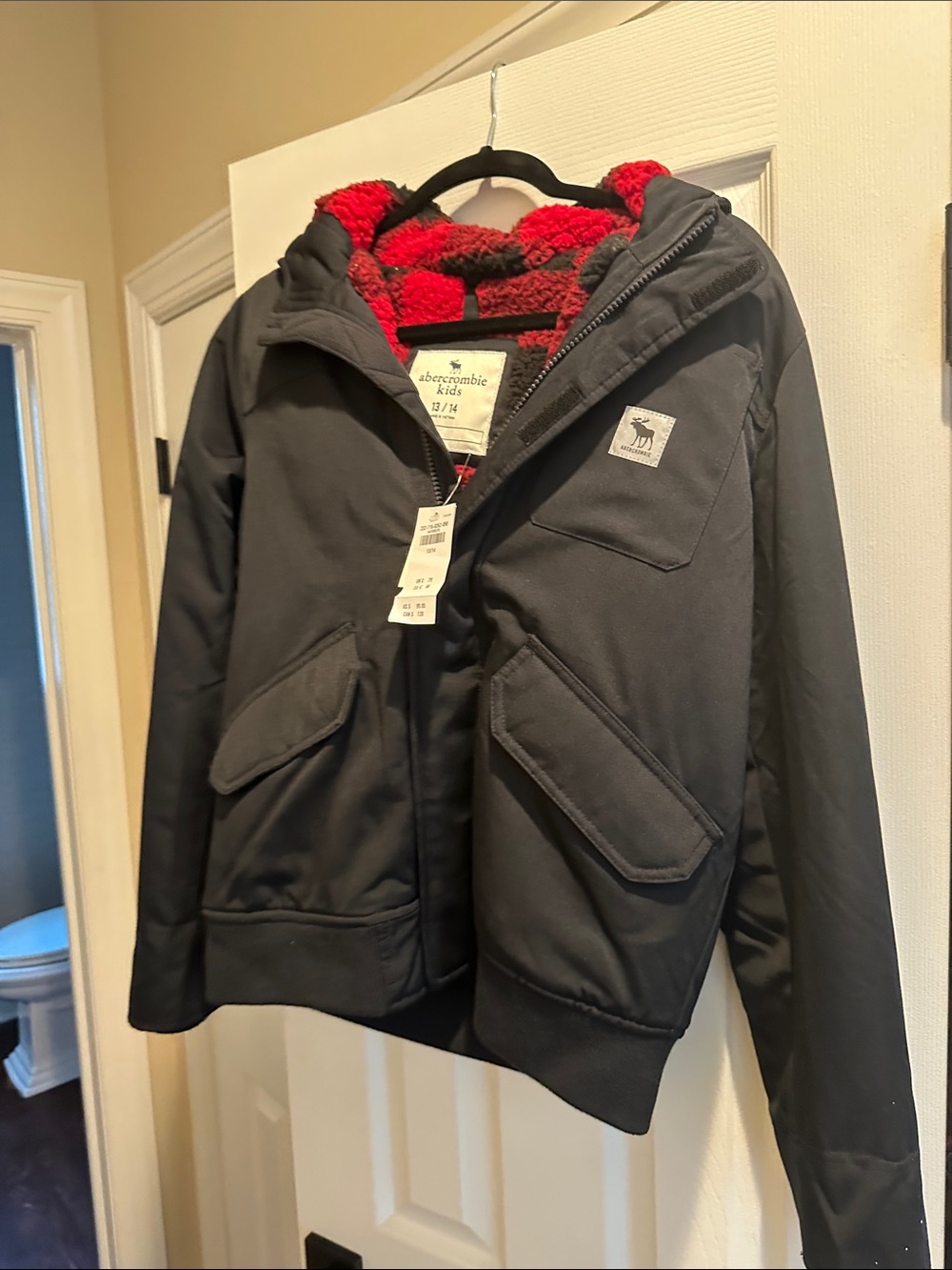 abercrombie kids Black Puffer Jacket with Red Sherpa Hood Lining